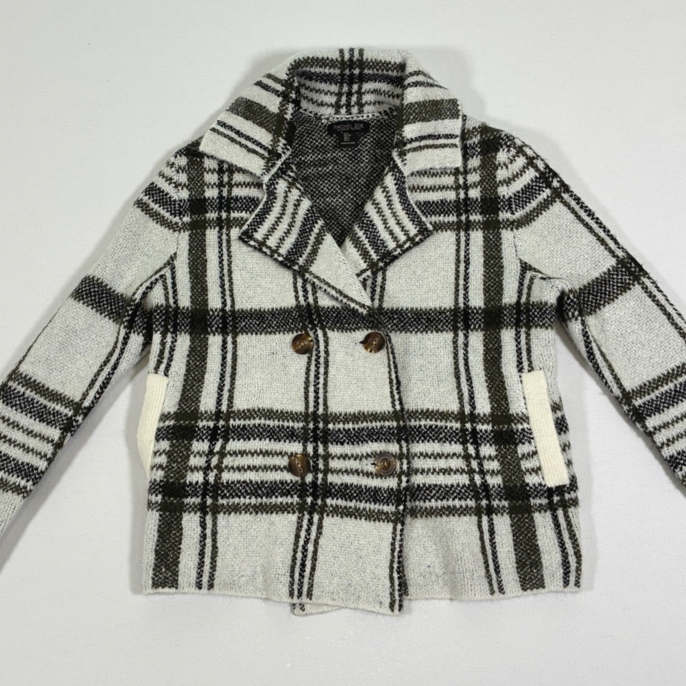 Rachel Zoe Womens S Ivory Plaid Double Breasted Fuzzy Knit Sweater Jacket - Picture 8 of 8